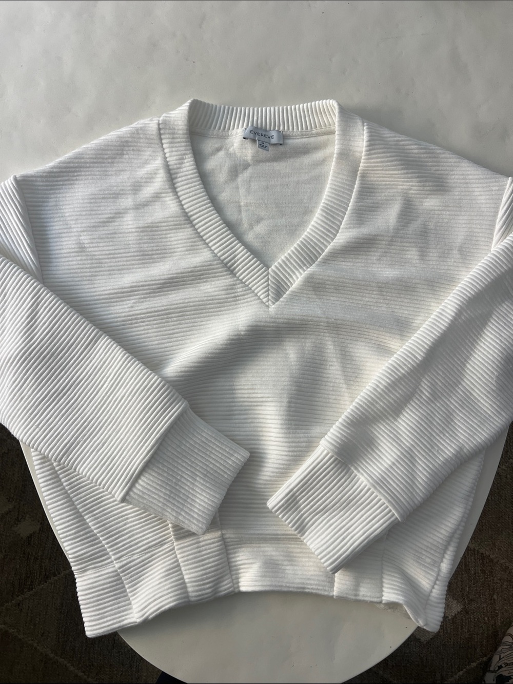 EVEREVE Ribbed V Neck Soft Pullover Oversized White Sweater Medium - Picture 2 of 6